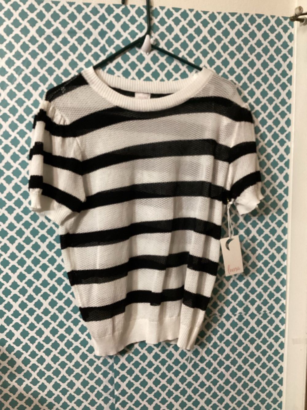 Luna Black & White Striped Short Sleeve Sweater Size XL
